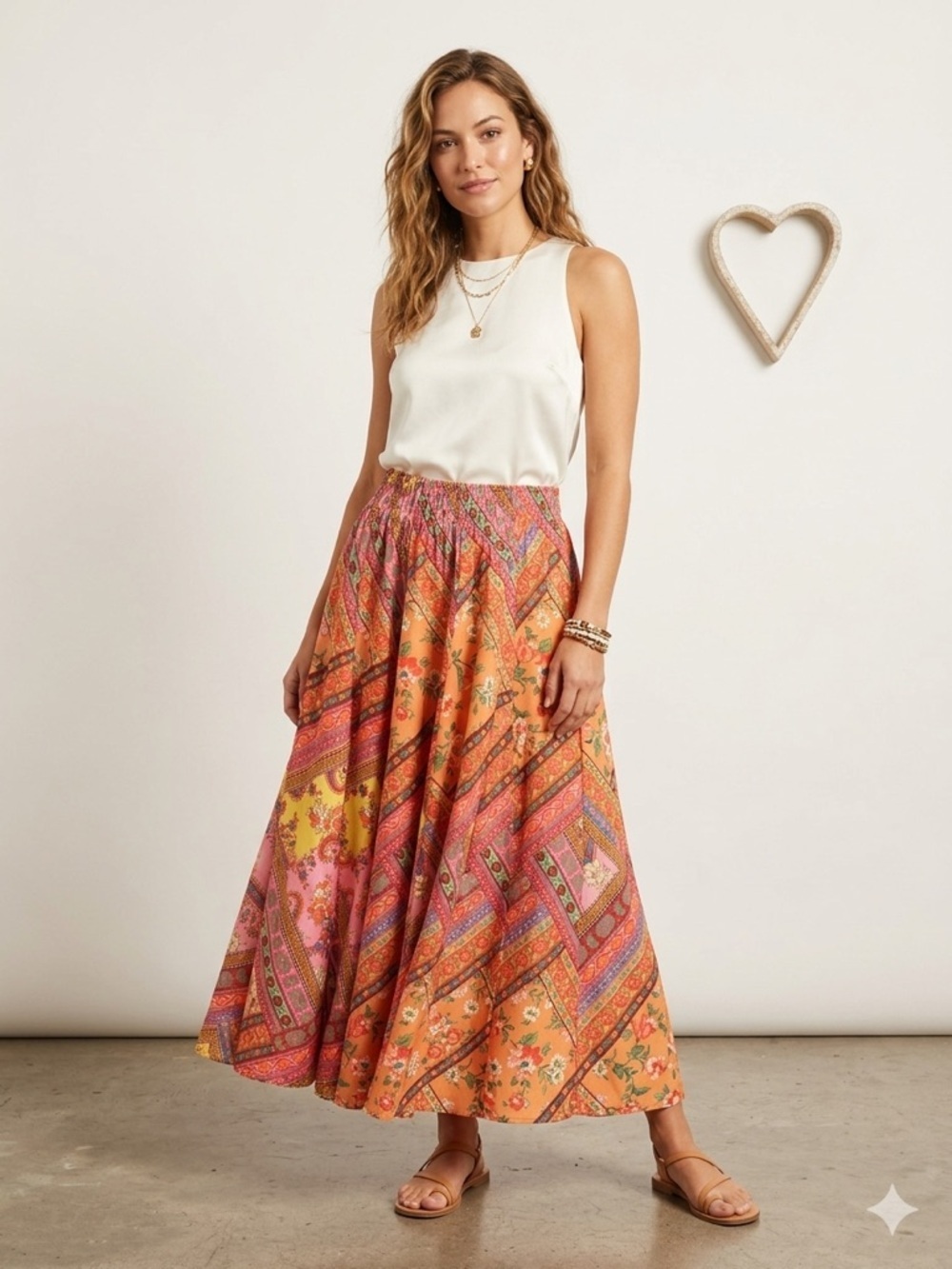 Calypso St. Barth Red Boho Patchwork Floral Midi Skirt Elastic Waist Colorful LG